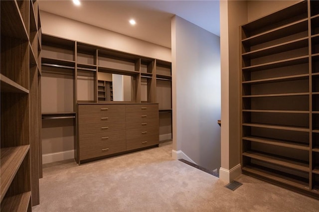 spacious closet featuring light colored carpet