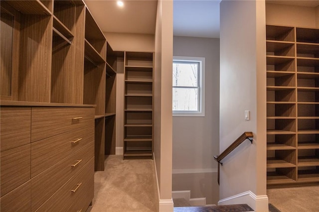 spacious closet featuring light colored carpet