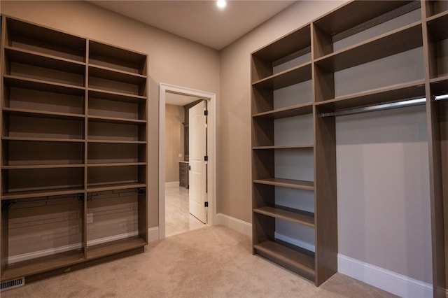 spacious closet featuring light colored carpet