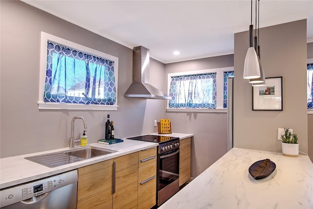 kitchen with sink, wall chimney range hood, stainless steel appliances, and pendant lighting