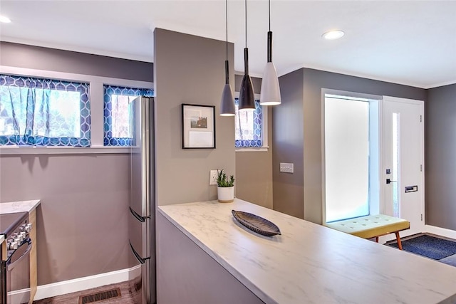 kitchen with hanging light fixtures, wood-type flooring, and stainless steel appliances