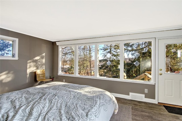 bedroom with dark hardwood / wood-style flooring