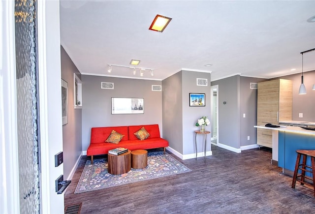 living room with crown molding, dark hardwood / wood-style flooring, and track lighting