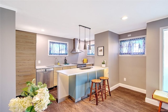 kitchen featuring pendant lighting, wall chimney exhaust hood, sink, a kitchen breakfast bar, and stainless steel dishwasher