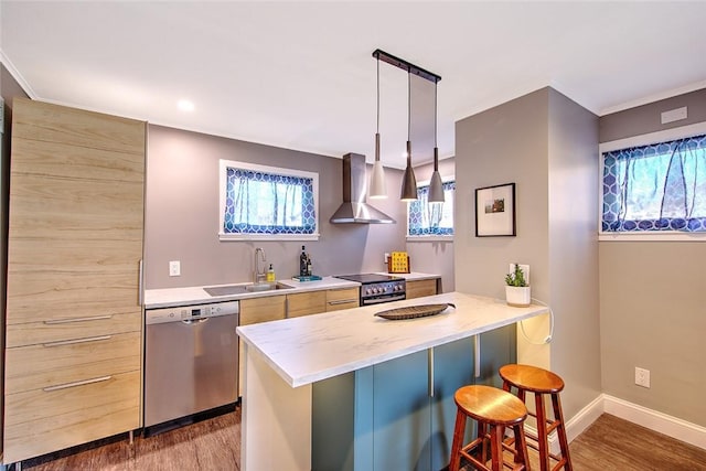 kitchen with pendant lighting, a kitchen bar, wall chimney range hood, stainless steel appliances, and sink