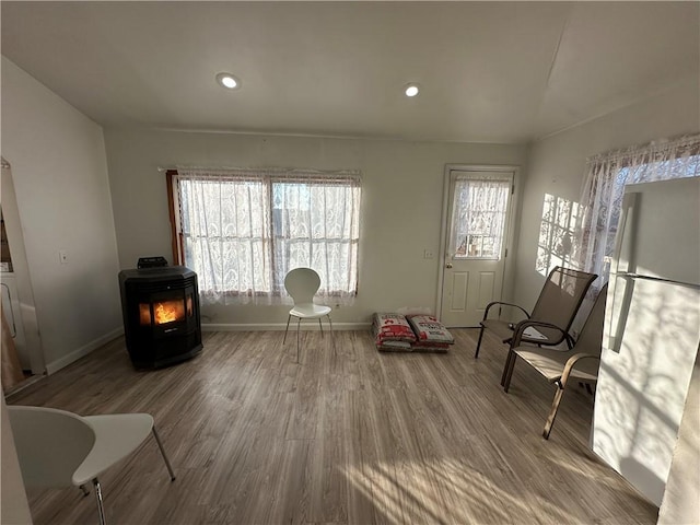 living area featuring hardwood / wood-style flooring and a wood stove