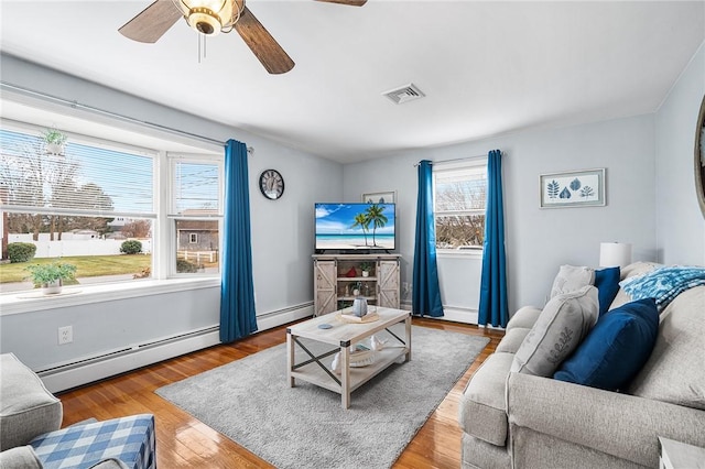 living room with ceiling fan, a baseboard radiator, and wood-type flooring