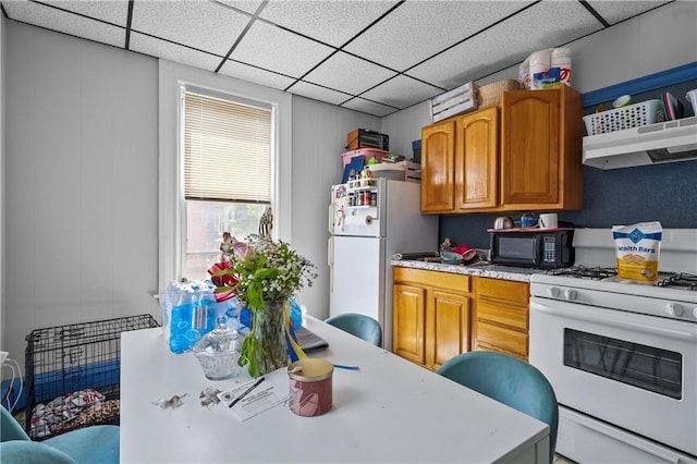 kitchen featuring exhaust hood and white appliances