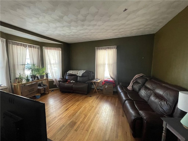 living room with light wood-type flooring, a textured ceiling, and a healthy amount of sunlight