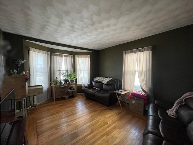 living room with a wealth of natural light and hardwood / wood-style flooring