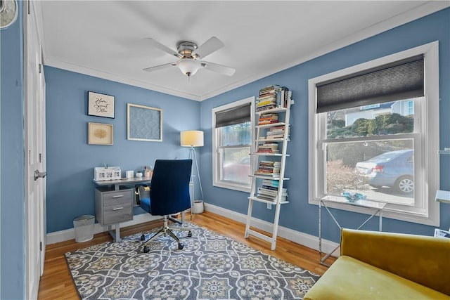 office space with ceiling fan, ornamental molding, and hardwood / wood-style floors