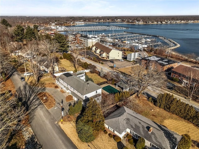 drone / aerial view with a water view