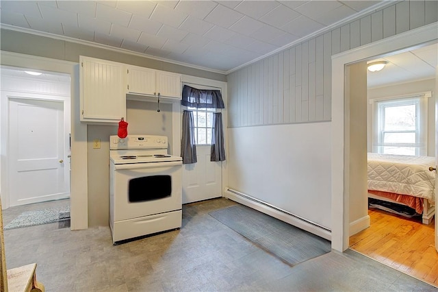 kitchen featuring light hardwood / wood-style floors, white cabinetry, white electric stove, ornamental molding, and a baseboard radiator