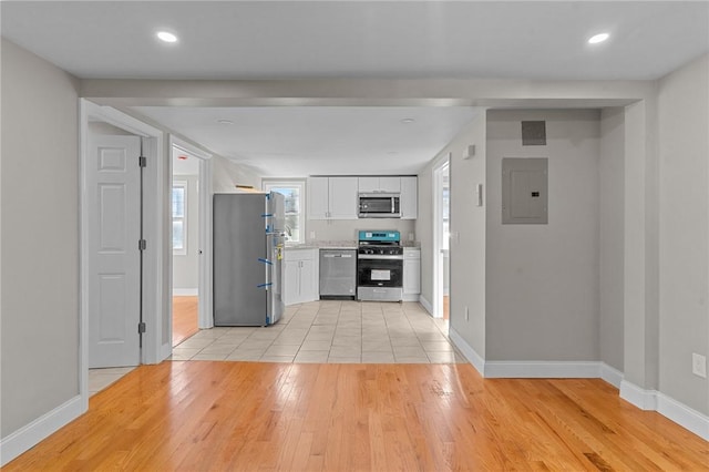 kitchen with electric panel, white cabinetry, light hardwood / wood-style flooring, a healthy amount of sunlight, and appliances with stainless steel finishes