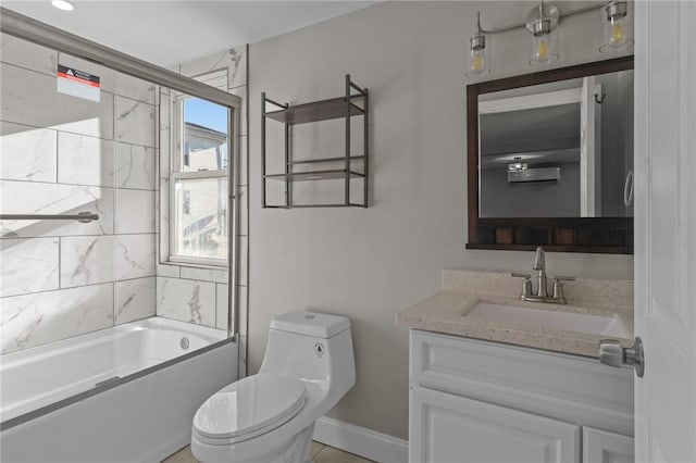 full bathroom featuring bath / shower combo with glass door, toilet, and vanity