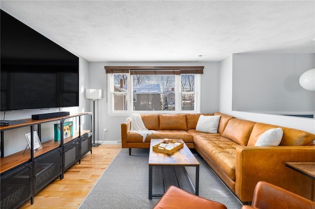 living room featuring light wood-type flooring and a textured ceiling