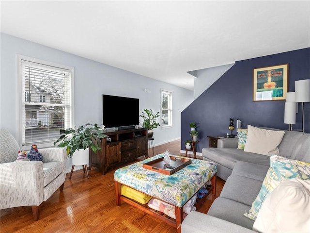 living room featuring wood-type flooring and plenty of natural light