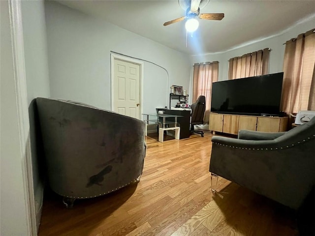 living area featuring light hardwood / wood-style floors and ceiling fan