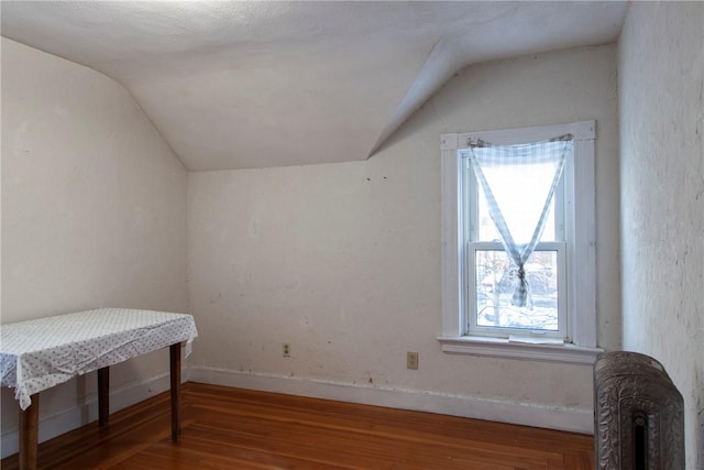 additional living space featuring radiator, lofted ceiling, and hardwood / wood-style floors