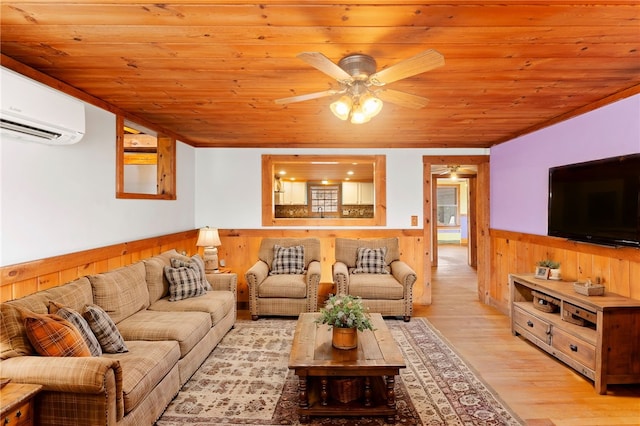 living room featuring a wall mounted AC, light hardwood / wood-style flooring, ornamental molding, and wood ceiling