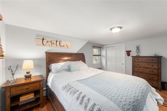 bedroom with a closet and dark hardwood / wood-style floors