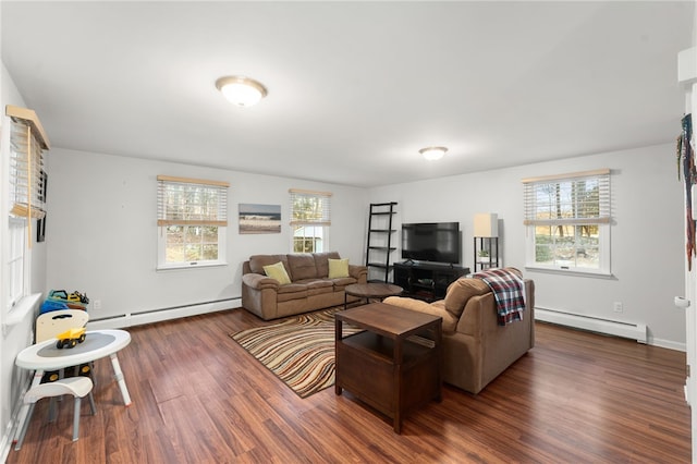 living room with baseboard heating and dark hardwood / wood-style floors