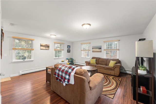 living room featuring baseboard heating and dark hardwood / wood-style floors