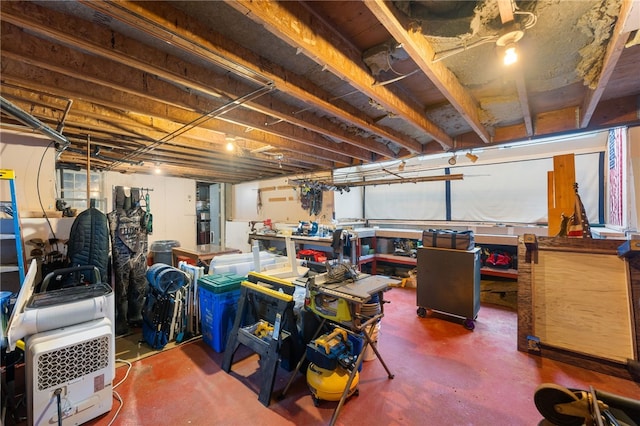 basement with a workshop area