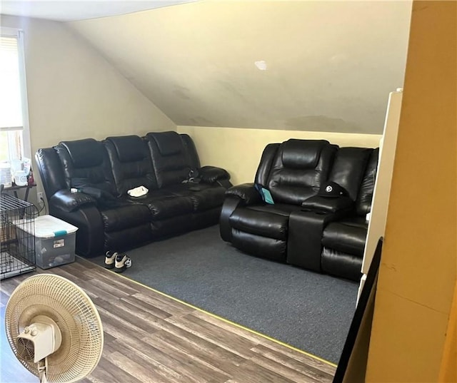 cinema room with lofted ceiling