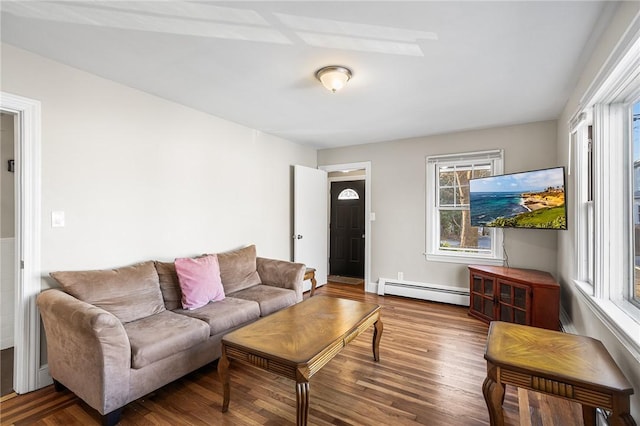 living room featuring hardwood / wood-style flooring and baseboard heating