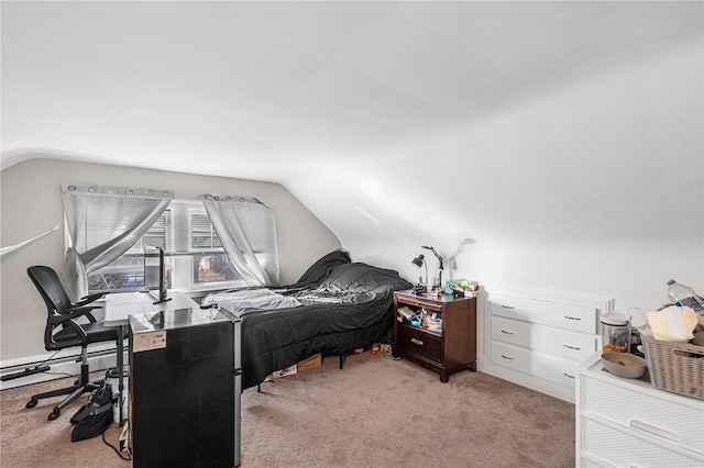 bedroom featuring a baseboard radiator, light colored carpet, and vaulted ceiling