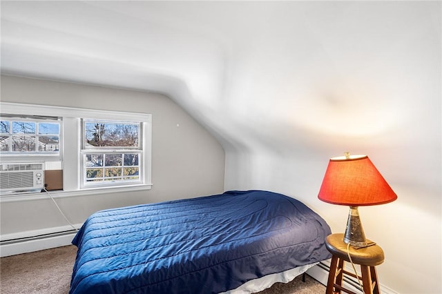 bedroom with a baseboard radiator, cooling unit, carpet flooring, and vaulted ceiling