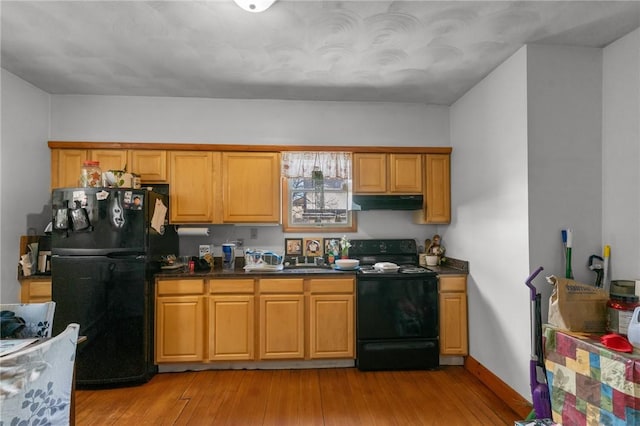 kitchen featuring black appliances and light hardwood / wood-style floors