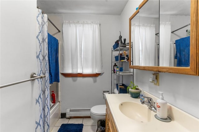 full bathroom featuring toilet, baseboard heating, tile patterned flooring, shower / bath combination with curtain, and vanity