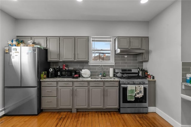 kitchen with backsplash, sink, light hardwood / wood-style flooring, gray cabinetry, and stainless steel appliances