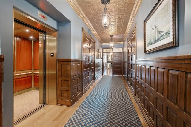 hall with elevator, wood walls, light hardwood / wood-style flooring, and crown molding