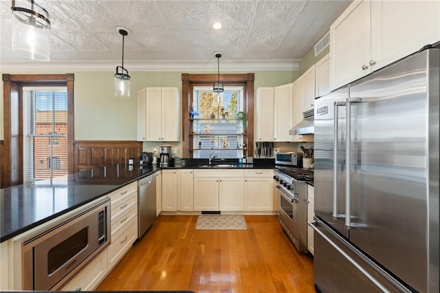 kitchen with premium appliances, light wood-type flooring, sink, ornamental molding, and pendant lighting