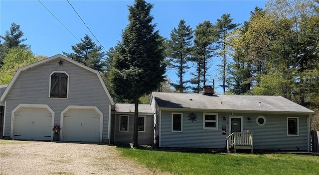 157 Biscuit City Rd, Charlestown, RI 02813 - view of front of home featuring a garage, driveway, a front yard, and a chimney
