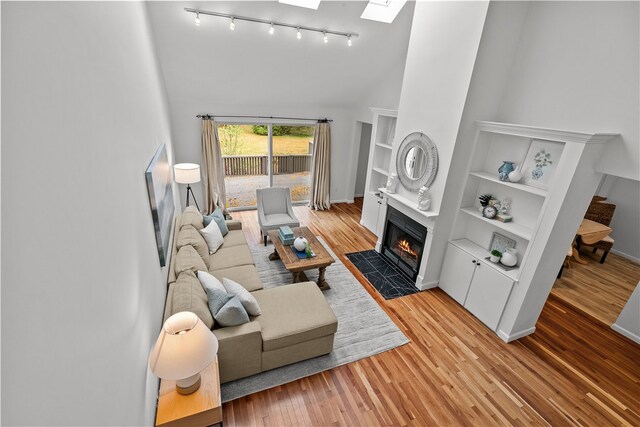 living room featuring a fireplace, built in features, a skylight, and light wood-type flooring