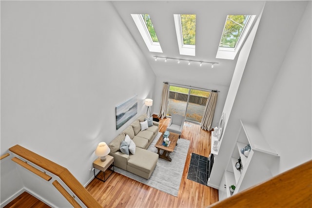 living room with wood-type flooring and a skylight