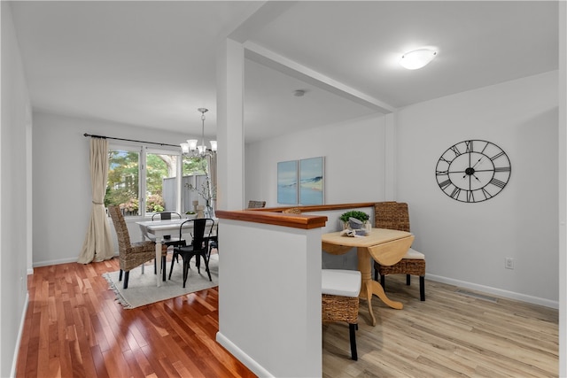 dining room with an inviting chandelier and light wood-type flooring