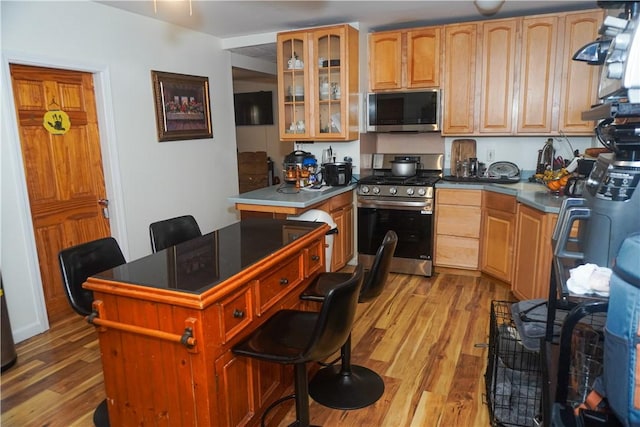 kitchen featuring stainless steel appliances, a center island, a kitchen bar, and light hardwood / wood-style floors