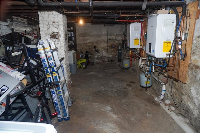 basement featuring tankless water heater