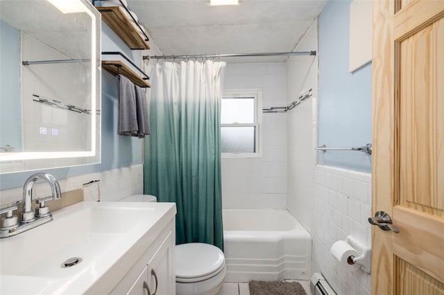 full bathroom with a baseboard radiator, shower / tub combo, tile walls, toilet, and vanity