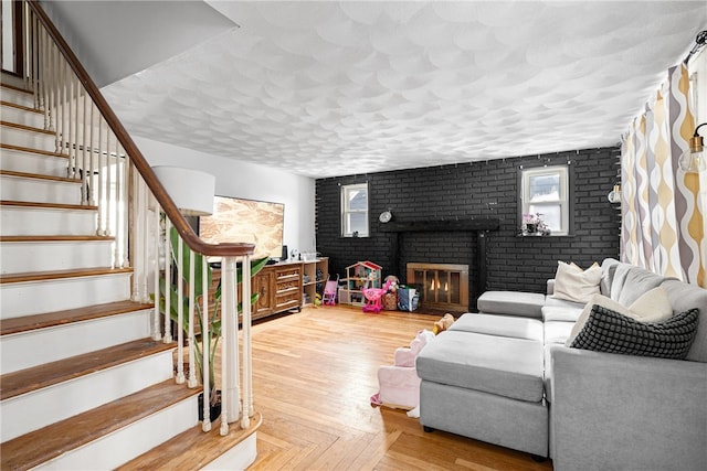 living room featuring a fireplace