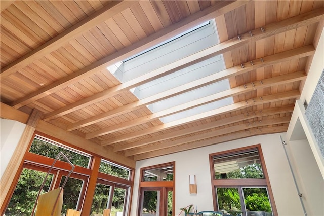 details with beamed ceiling and a skylight