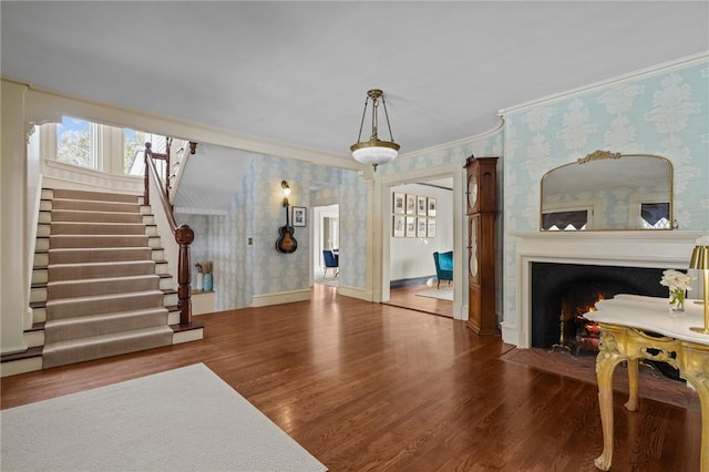 foyer entrance with crown molding and hardwood / wood-style floors