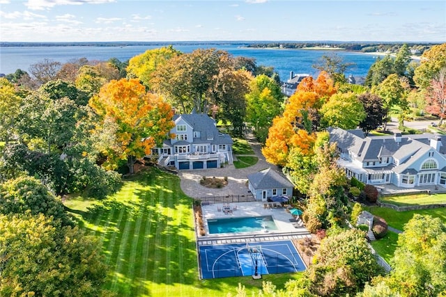 drone / aerial view featuring a water view