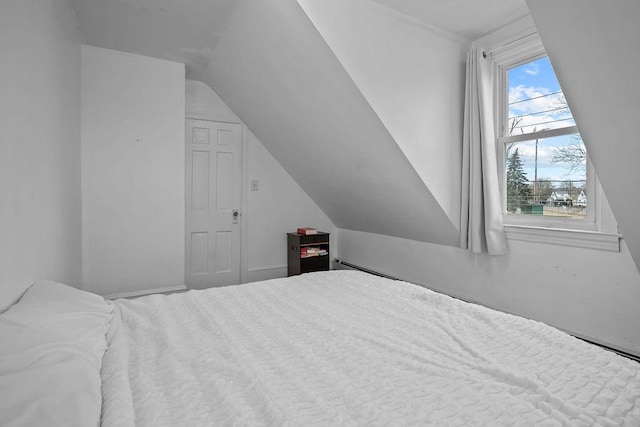 unfurnished bedroom featuring lofted ceiling