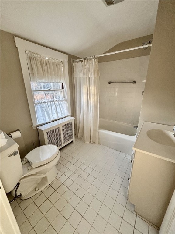 full bathroom with radiator heating unit, lofted ceiling, shower / bathtub combination with curtain, vanity, and toilet